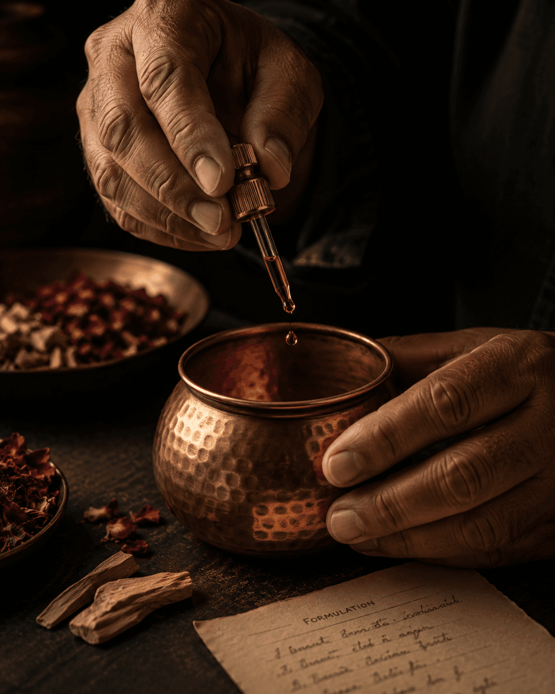 An artisan's hands measuring amber attar oil from a glass dipstick into a copper vessel.